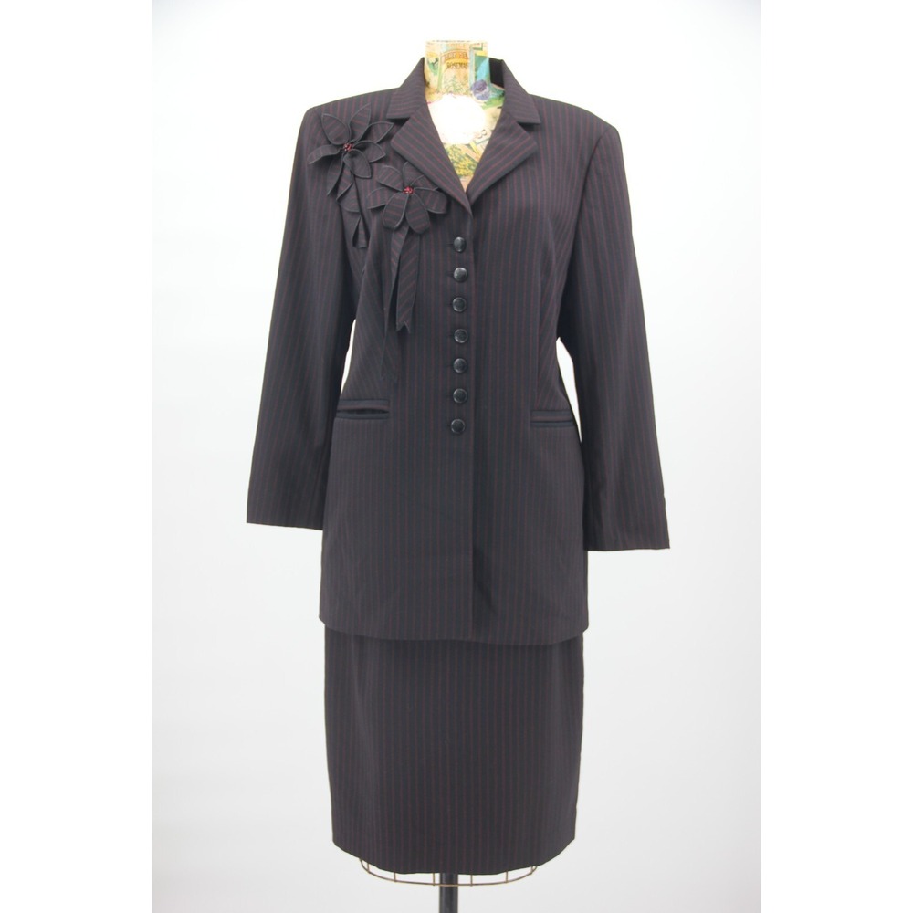 ESCADA Black Red Stripe Skirt Jacket Suit 40 USA 10 Office Siren Goth Old Money